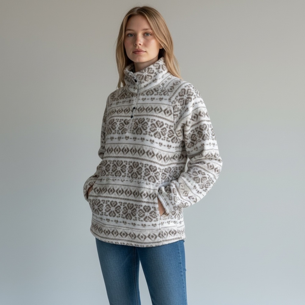 Eddie Bauer Frost Snow Fall Print One Seam Pocket Teddy Sweater